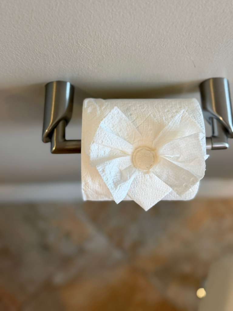 Folded toilet paper detail left after a bathroom cleaning