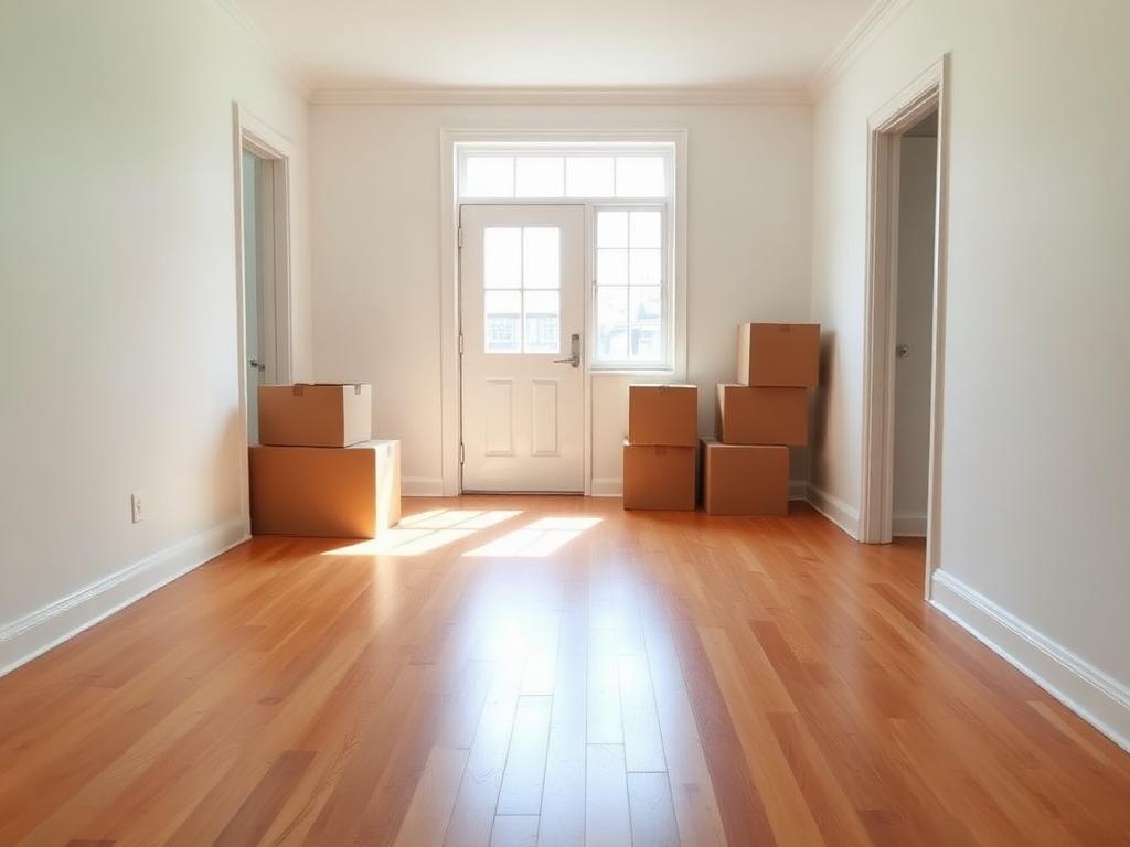 Empty freshly cleaned apartment with moving boxes by the door