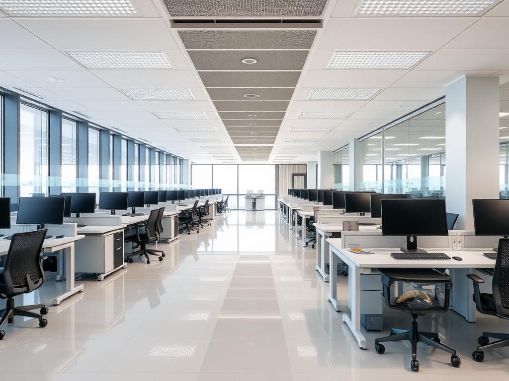 Tidy modern office with polished floors and clean desks